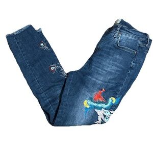Free People Embroidered Bird Jeans Sz 28 Raw Hem Boho Colorful Exotic Statement